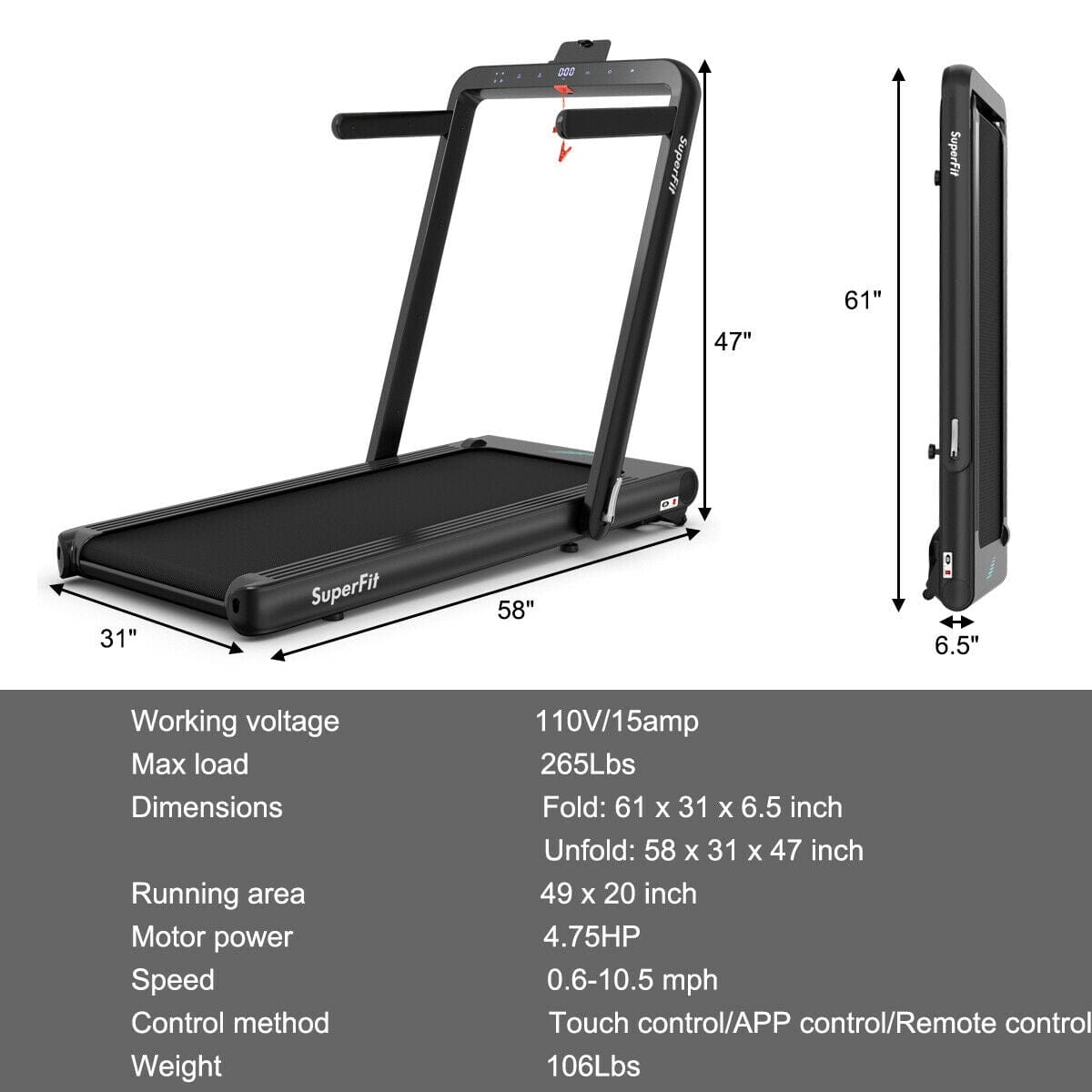 SuperFit 2 In 1 Folding 4.75HP Treadmill