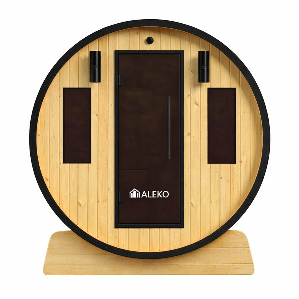 Aleko 3-Person Capacity Outdoor White Finland Pine Wet/Dry Traditional Barrel Sauna with Black Accents