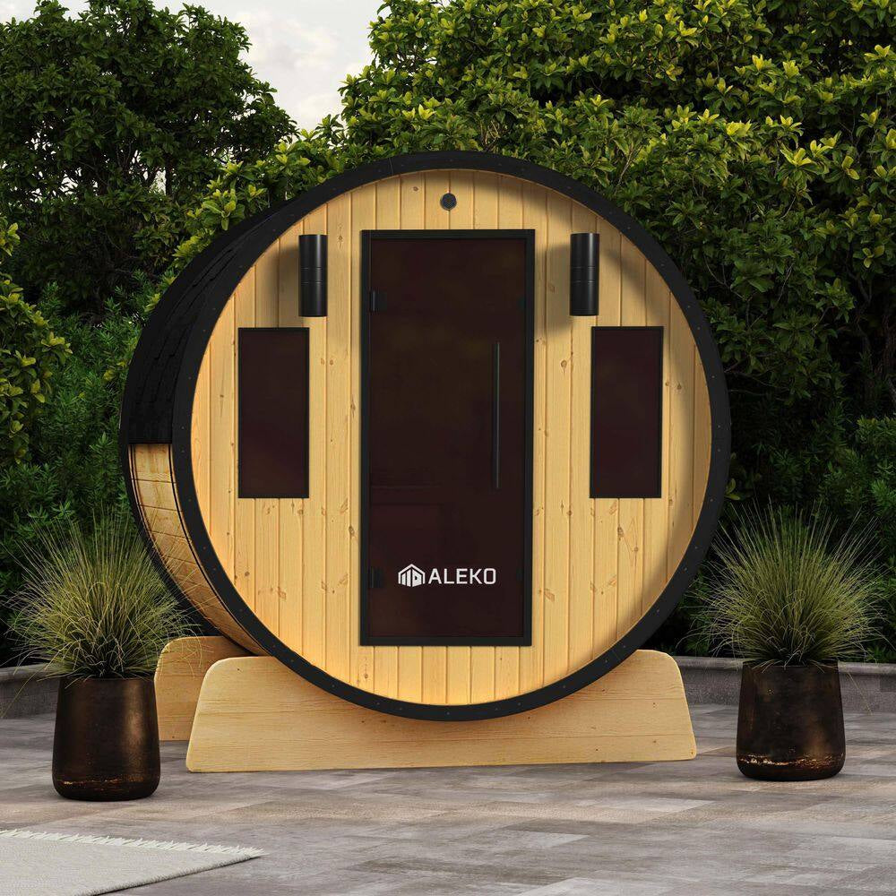 Aleko 3-Person Capacity Outdoor White Finland Pine Wet/Dry Traditional Barrel Sauna with Black Accents