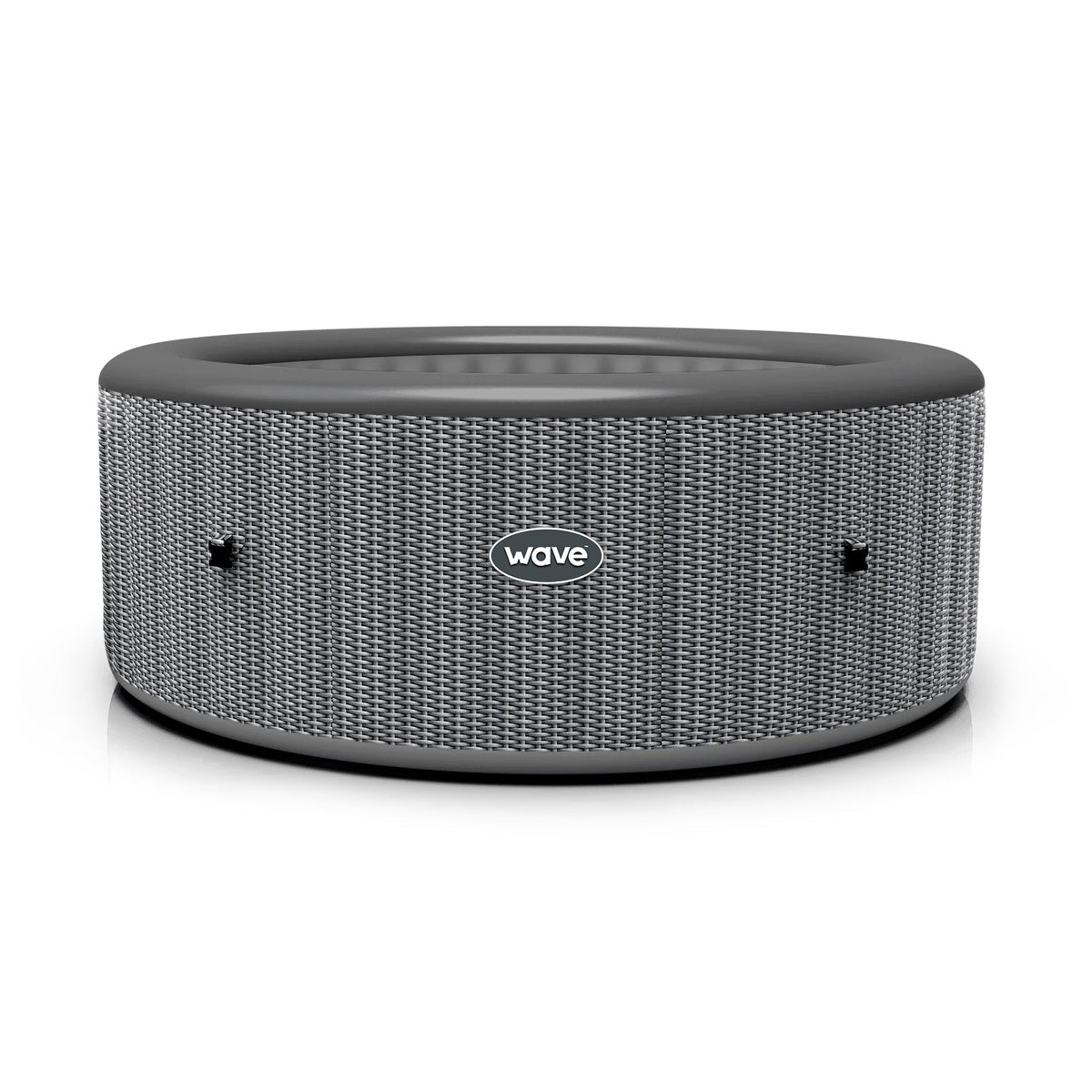 Atlantic 6-person round inflatable hot tub in grey rattan on white background