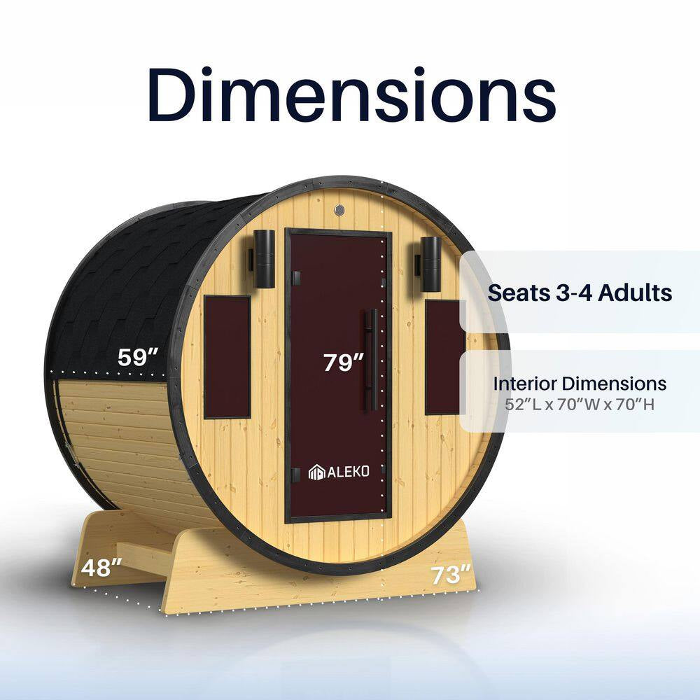 Aleko 3-Person Capacity Outdoor White Finland Pine Wet/Dry Traditional Barrel Sauna with Black Accents