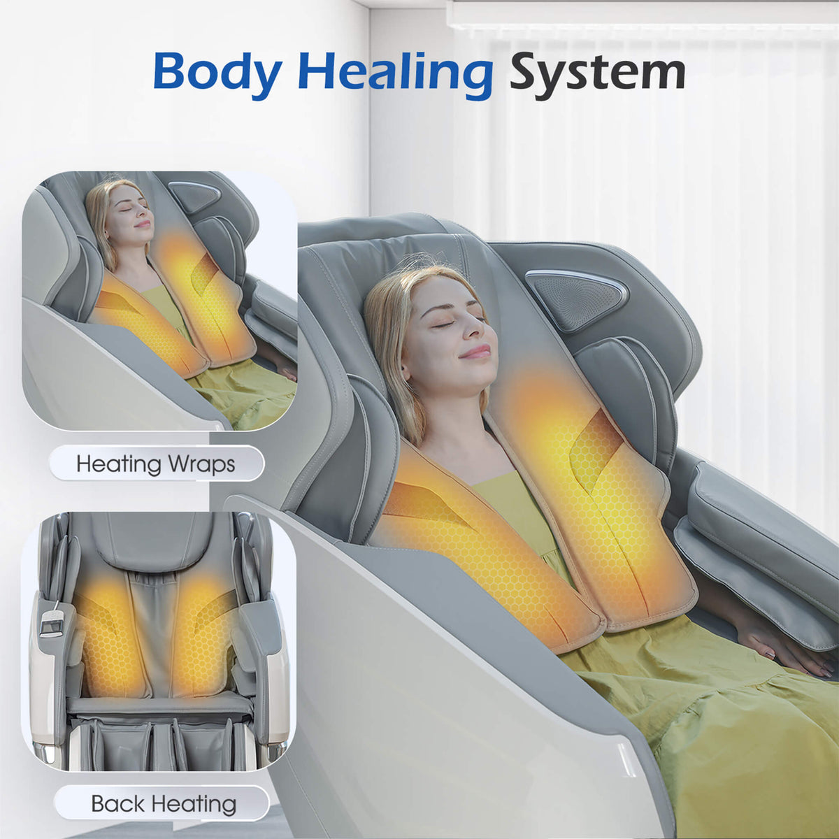 Woman using a body heating system with heating wraps and back heating in a massage chair.