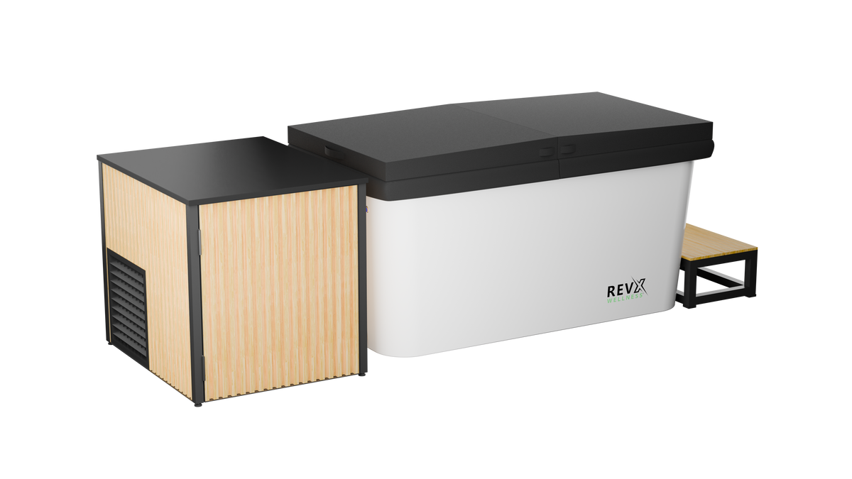 RevX X Tub cold plunge with cover and LUX chiller cabinet closed