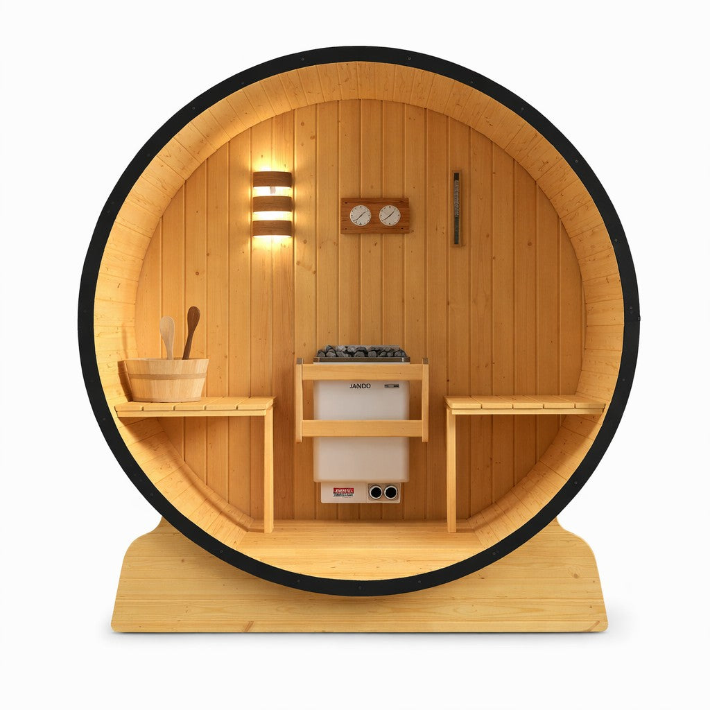 Aleko 3-Person Capacity Outdoor White Finland Pine Wet/Dry Traditional Barrel Sauna with Black Accents