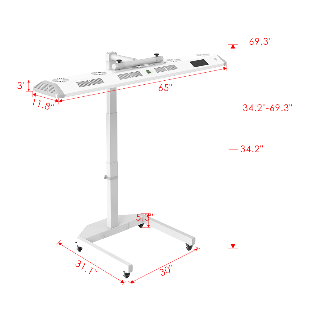 White adjustable stand with dimensions labeled on a white background