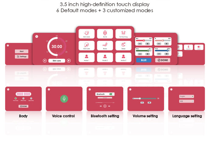 Red electronic device with touch display and various control icons on a white background