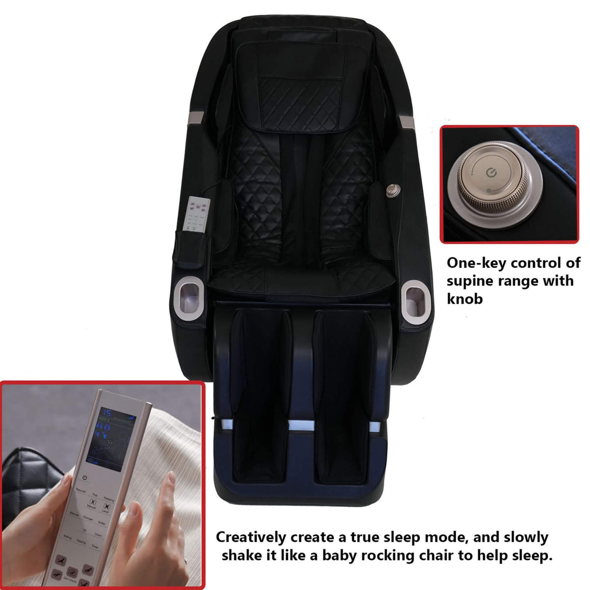 Massage chair with remote control and control knob on a white background