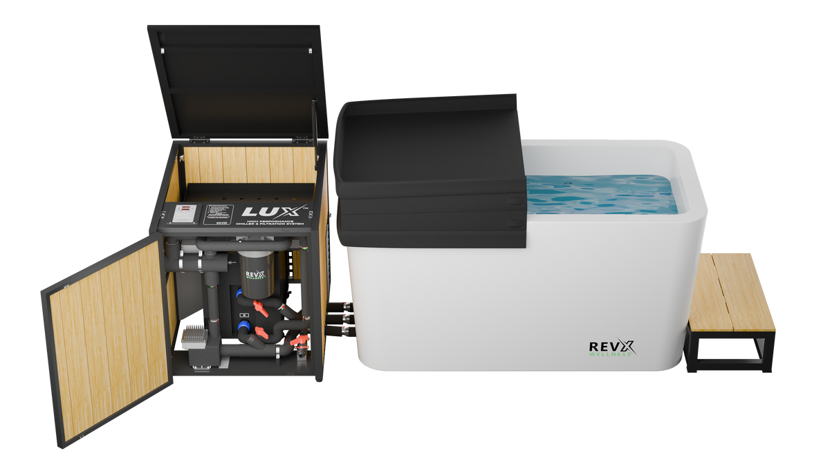 Overhead view of the RevX X Tub with LUX chiller cabinet open